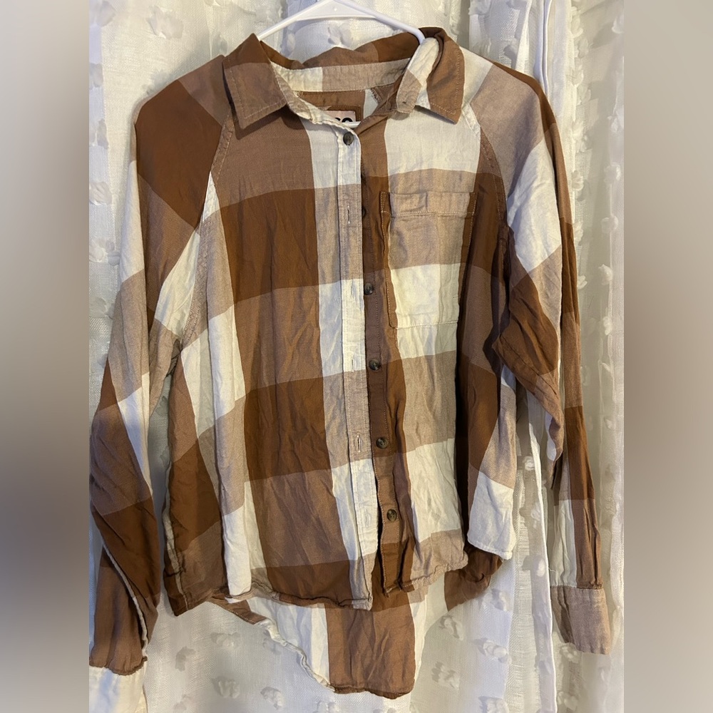 SO Brown and White Plaid Button Down Shirt